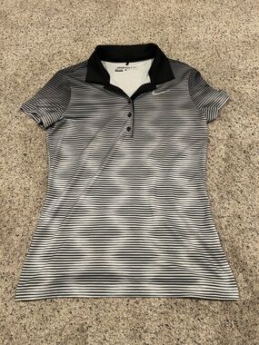Nike Women's Black and White Striped Button-Down Polo